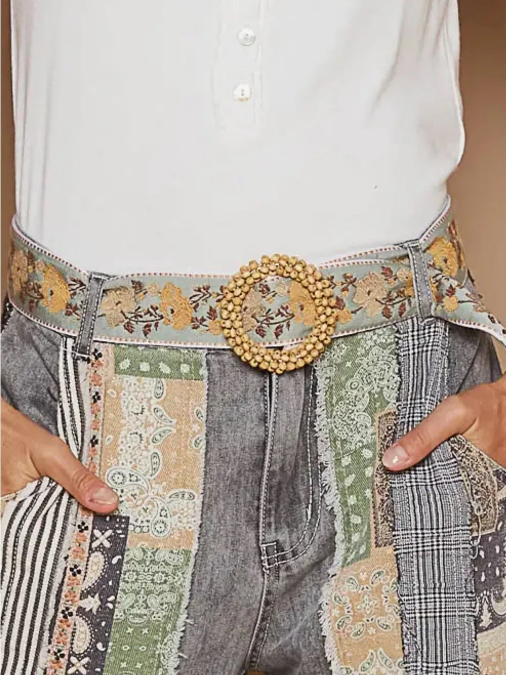 POL Embroidered Floral Belt with Beaded Ring Buckle - Blue & Yellow